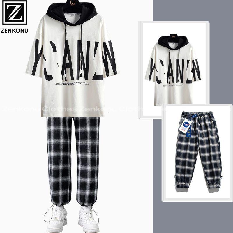 Bộ Đồ Nam Mùa Hè Áo Thun Hoodie Tay Lỡ In Chữ Lớn Quần Jogger Kẻ Caro Thời Trang Zenkonu TOP NAM 259 + QUAN NAM 137