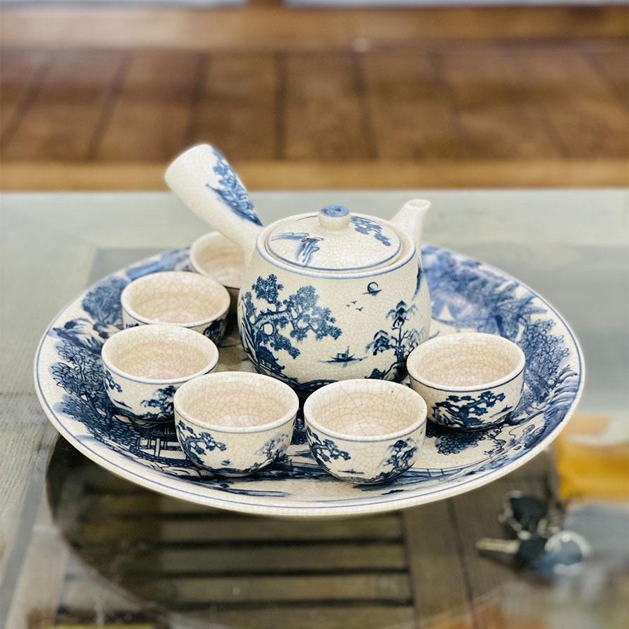 Bộ ấm chén men rạn quai chuôi kèm đĩa trang trí bát tràng