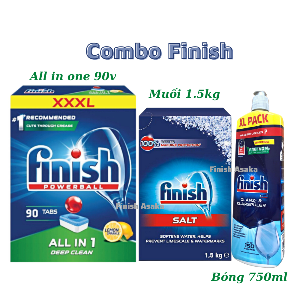 Combo rửa chén Finish: All in 1 hộp 90 viên, Nước làm bóng 750ml, Muối Hộp 1,5 kg - Nhập khẩu Châu Âu.