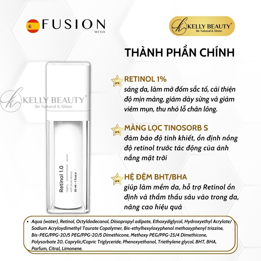 Fusion Retinol 1.0 - Da Sáng Đều Màu, Mờ Thâm Sạm Nám; Giảm Dày Sừng; Căng Mịn và Se Lỗ Chân Lông - Kelly Beauty
