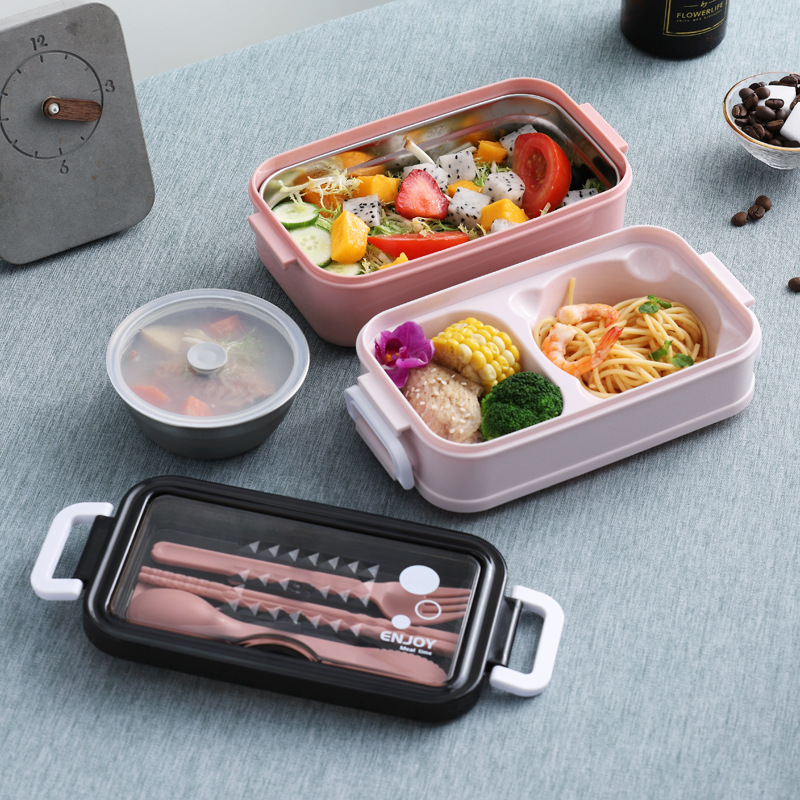 Hộp Cơm 2 Tầng INOX 304 Giữ Nhiệt ENJOY - Kèm Chén Soup, Muỗng Đũa Nĩa