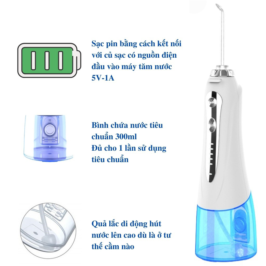 Máy Tăm Nước Cầm Tay Cao Cấp H20FLOSS HF-9P Kèm 5 Vòi Xịt Vệ Sinh Răng Miệng - Hàng Chính Hãng