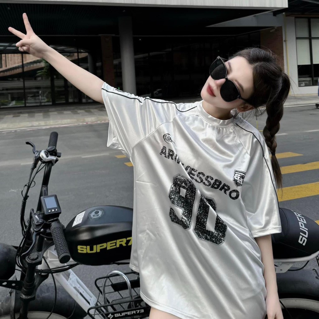 Áo phông nam nữ form rộng 2N Unisex thun thể thao số 90 màu hồng/xám