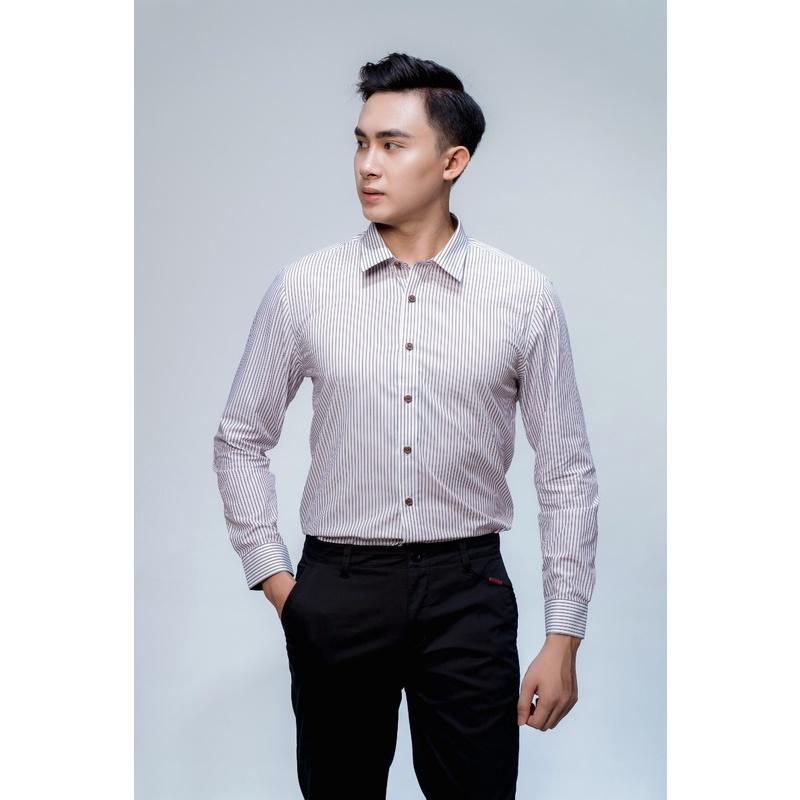 OWEN - Áo sơ mi dài tay Owen Slimfit chất sợi tre màu trắng kẻ sọc nâu 61013