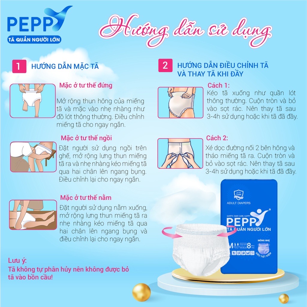 Combo 2 Gói Tã bỉm quần người lớn Peppy siêu mềm, mỏng nhẹ, thấm hút cao M8/L7/XL7