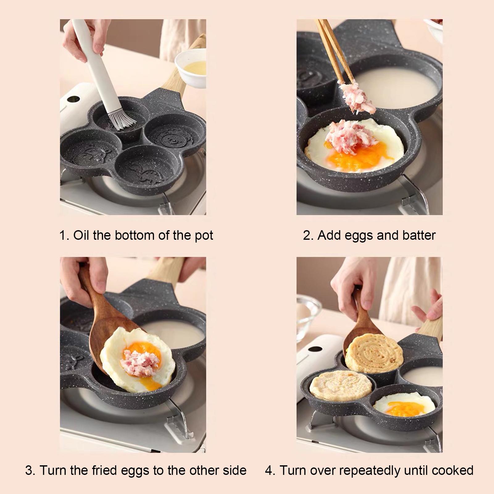 Chảo Chiên Rán Trứng Làm Bánh 4 Ngăn 4 Lỗ Chống Dính, phủ đá Maifan Tay Cầm Gỗ