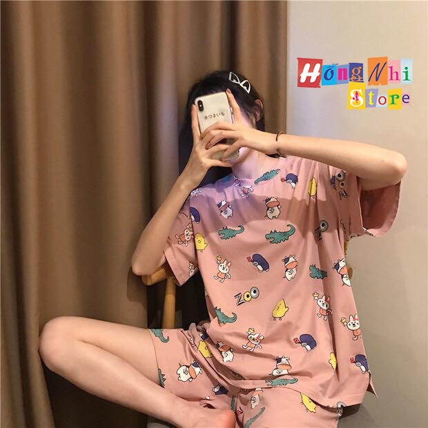 Bộ Thun Ngủ Hoạt Hình Tay Lỡ Kèm Túi Vải Phối Quần Short Oversize Ulzzang Dáng Rộng - MM