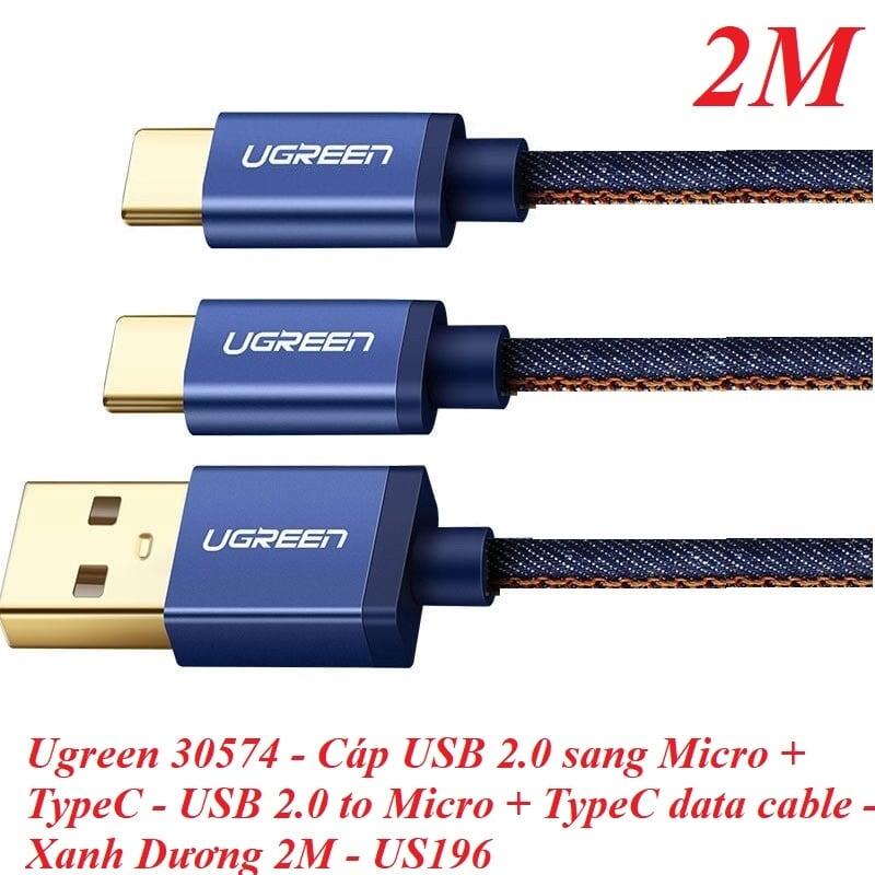 Ugreen UG30574US196TK 2M màu xanh Cáp USB-A 2.0 sang Micro USB + USB-C - HÀNG CHÍNH HÃNG