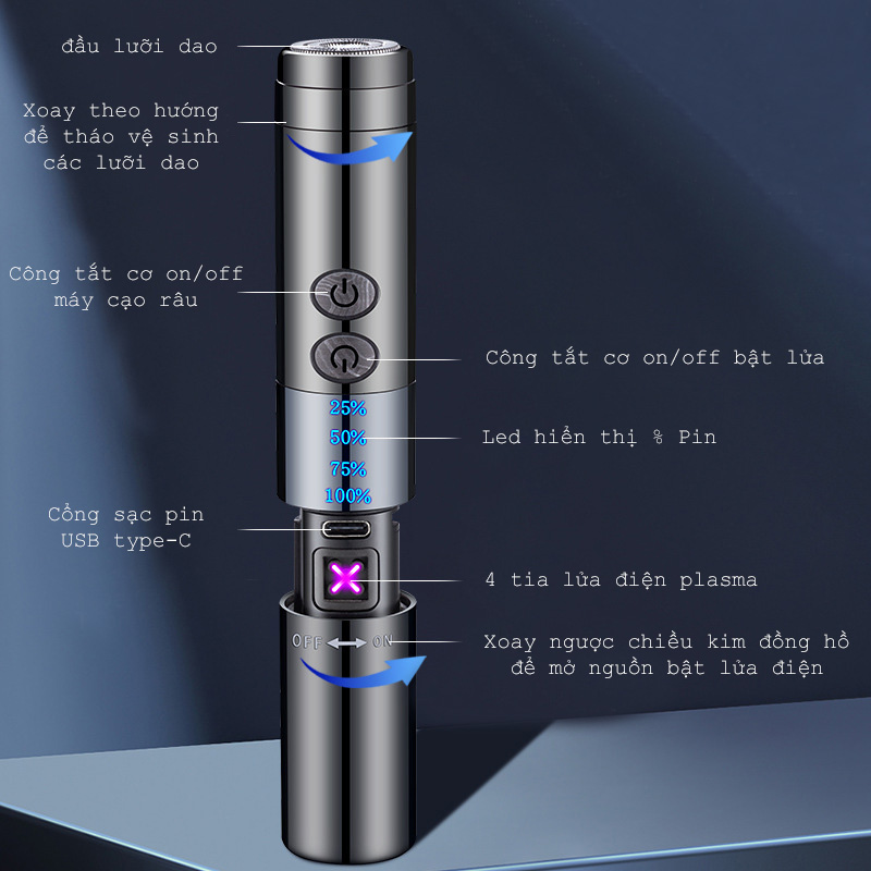 Máy cạo râu tích hợp bật lửa điện plasma 4 tia chống gió, sạc pin nhỏ gọn tiện lợi