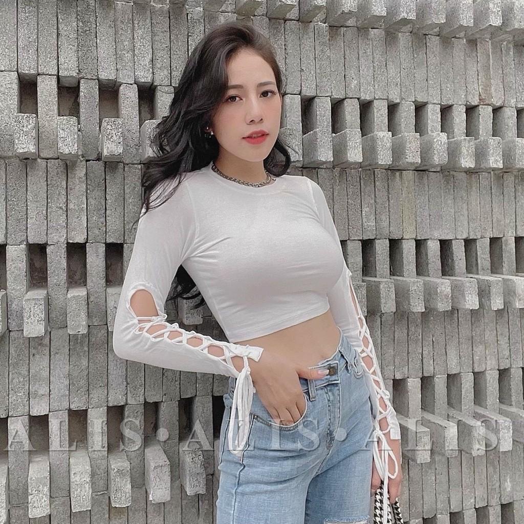 Áo Thun Croptop Nữ Kiểu Tua Đan Dây Dài Tay Ôm Body_ Áo Crop Top Crt Tay Dài Đan Dây Tay Dài Cổ Tròn Màu Trắng, Đen