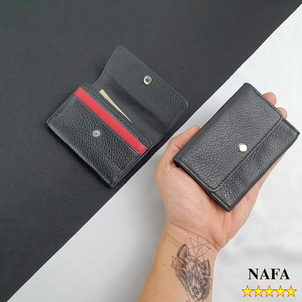 Ví mini đựng thẻ, ví đựng card da bò thật MN115 cao cấp màu đen phối đỏ tinh tế