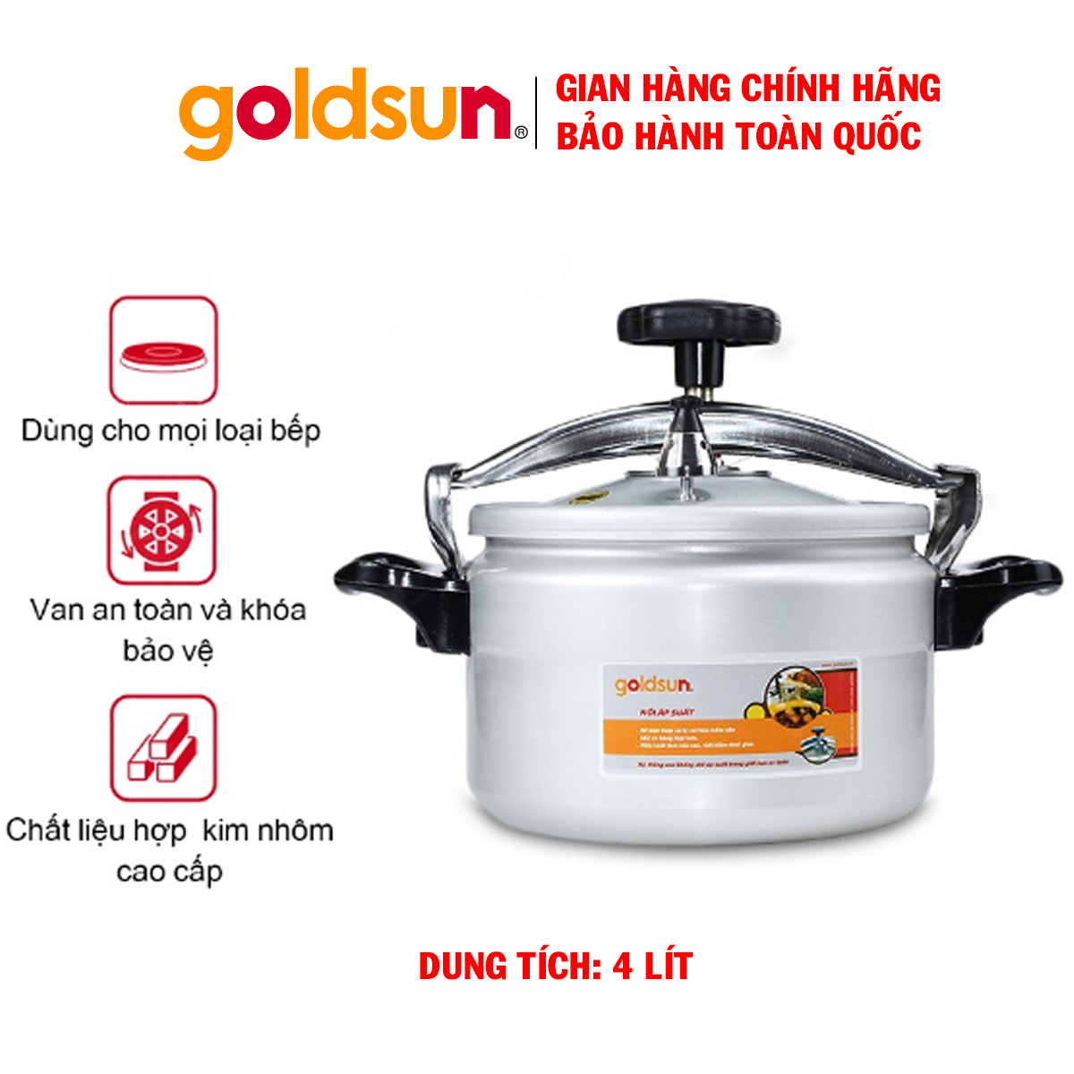 Nồi áp suất đáy từ Goldsun GPC1930-04IH, Chất liệu hợp kim nhôm, Dung tích 4/5/7 Lít, Dùng trên mọi loại bếp - Hàng chính hãng