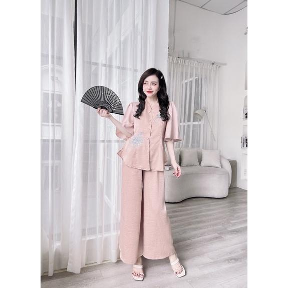 Đồ Bộ Nữ, Bộ Đồ Lam thêu hoa, lụa tuyết nhung, Freesize 40-65kg, tuỳ chiều cao