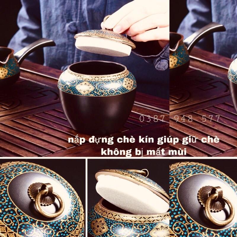 Combo-Khay + Bộ ấm chén pha trà đẹp cối xay gốm sứ cao cấp , Bộ chén uống trà đạo 19 chi tiết hoa cẩm xanh , chén trắng