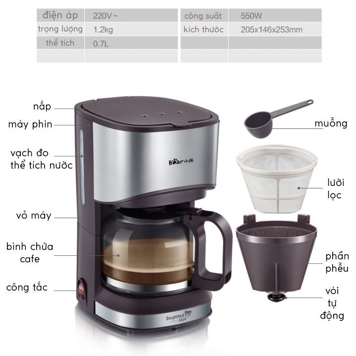 Máy Pha Cà Phê Tại Nhà Nhỏ Gọn Tiện Dụng BEAR KFJ-A07V1 Pha Cafe Dung Tích 700ml - Hàng Nhập Khẩu