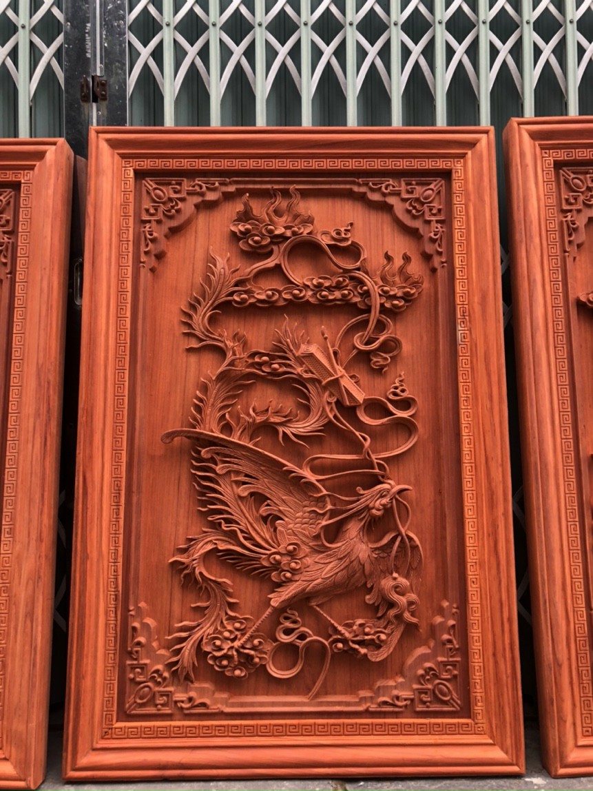 Tranh treo tường trạm khắc tứ linh bằng gỗ hương đỏ kt 37×107×4cm