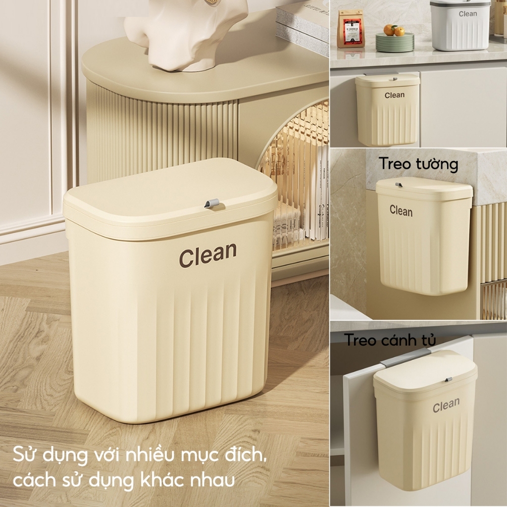 Thùng rác treo tủ bếp nhà vệ sinh treo tường nhà tắm đa năng CLEAN thiết kế nắp lật thông minh size lớn 12L kèm móc treo