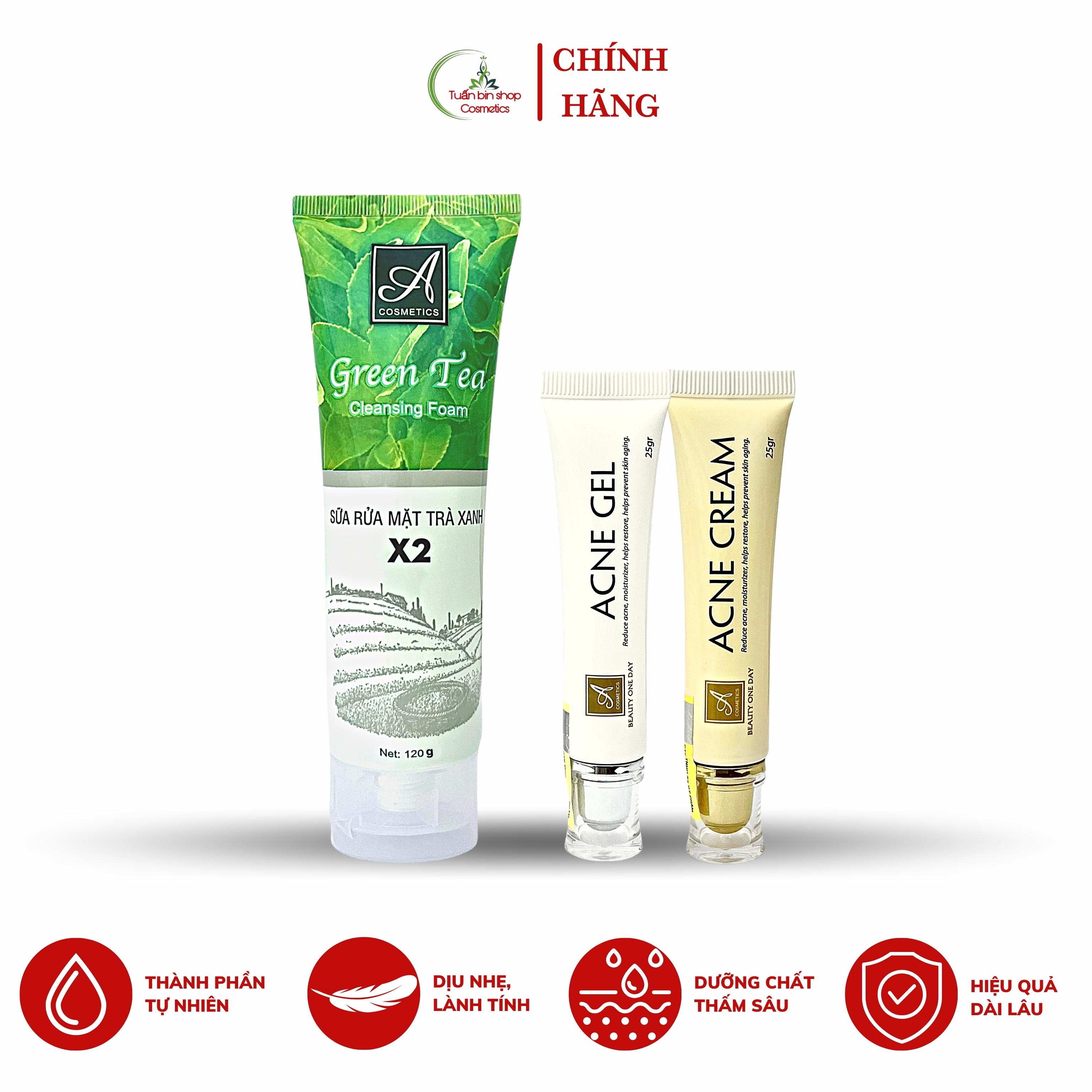 Combo kem giảm mụn, kiềm dầu Acosmetics, kem giảm mụn siêu tốc độ, sữa rửa mặt trà xanh x2 170g