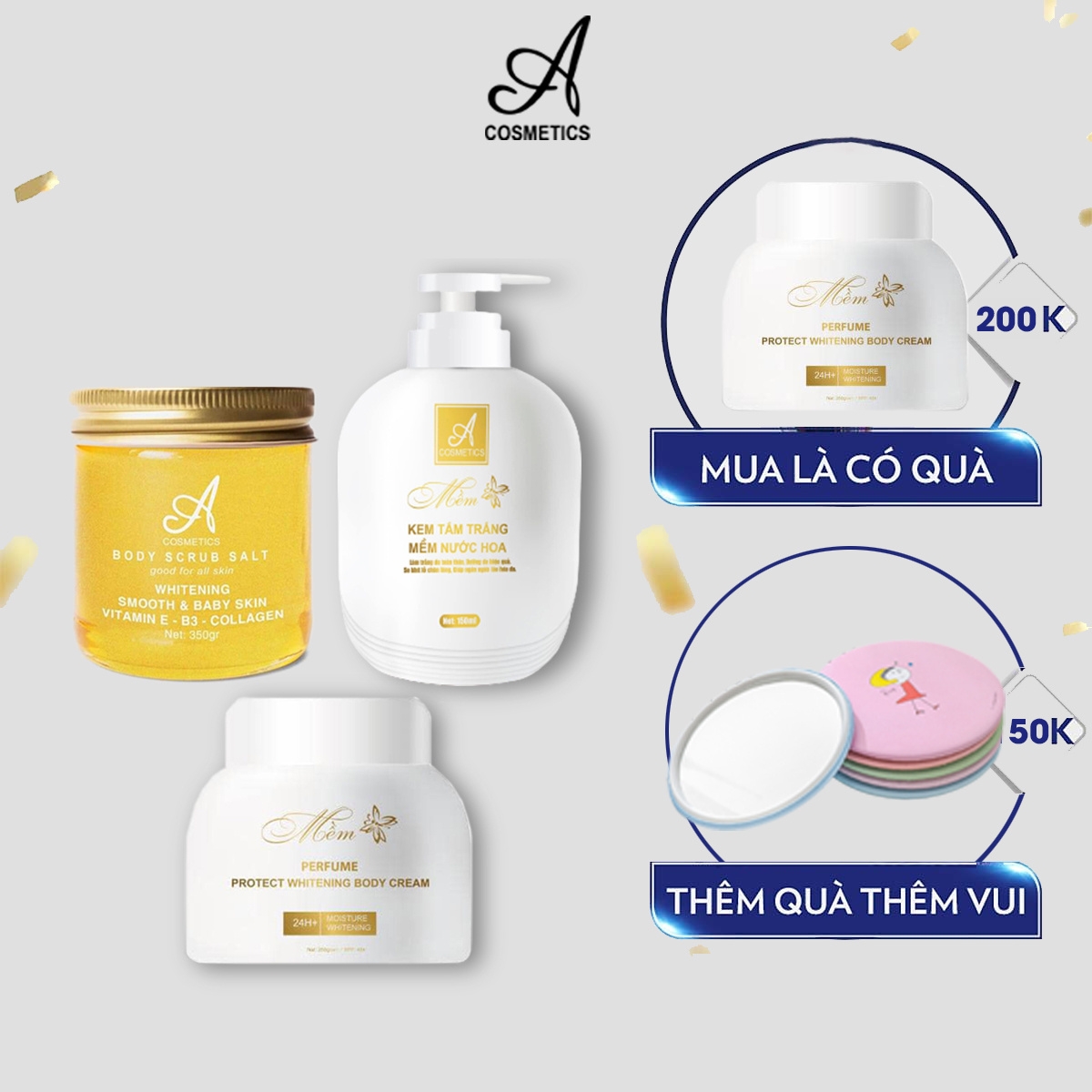 Bộ tắm trắng toàn thân cấp tốc Acosmetics VIP05 gồm 1 Kem body mềm 250g 1 Kem tắm trắng 150g 1 Tẩy da chết 350g