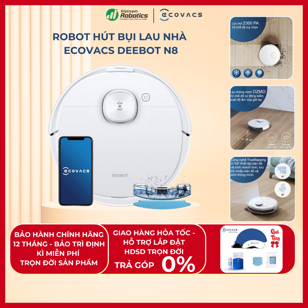 Robot Hút Bụi Ecovacs Deebot N8 Thông Minh Công Nghệ Quét Laser Thiết Lập Bản Đồ TrueMapping , Lực Hút Lớn Lên Tới 2300pa - Hàng Chính Hãng