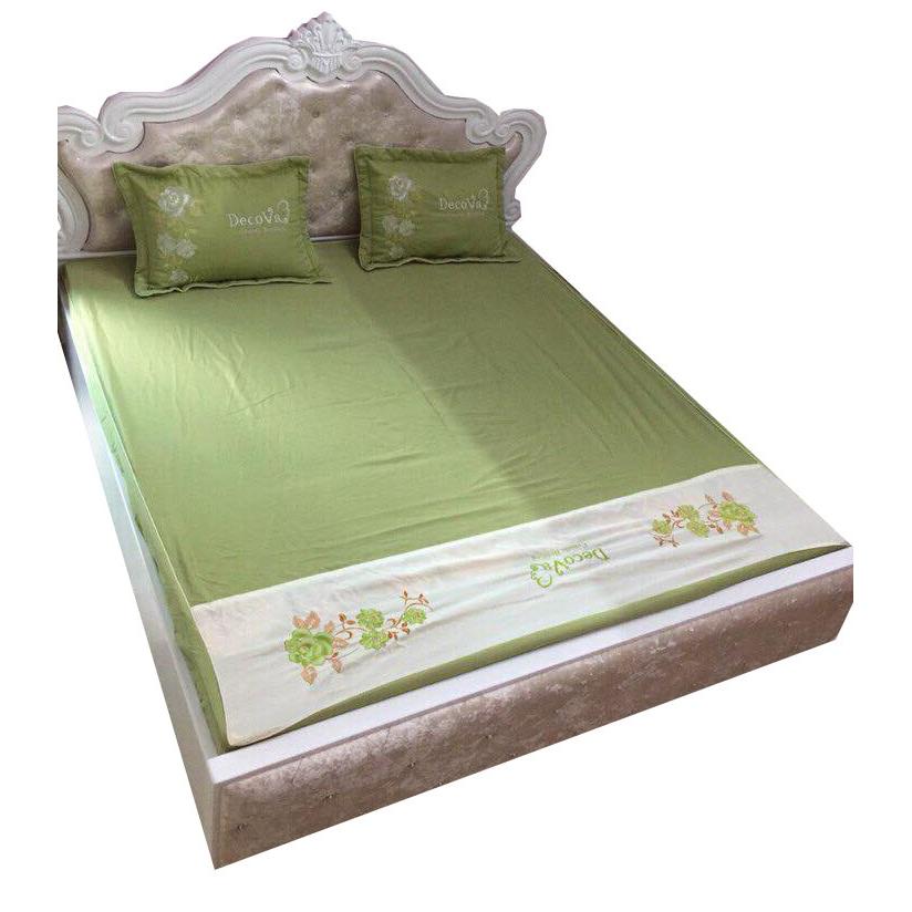 Bộ ga gối vỏ ôm satin chun thêu hoa - Vàng