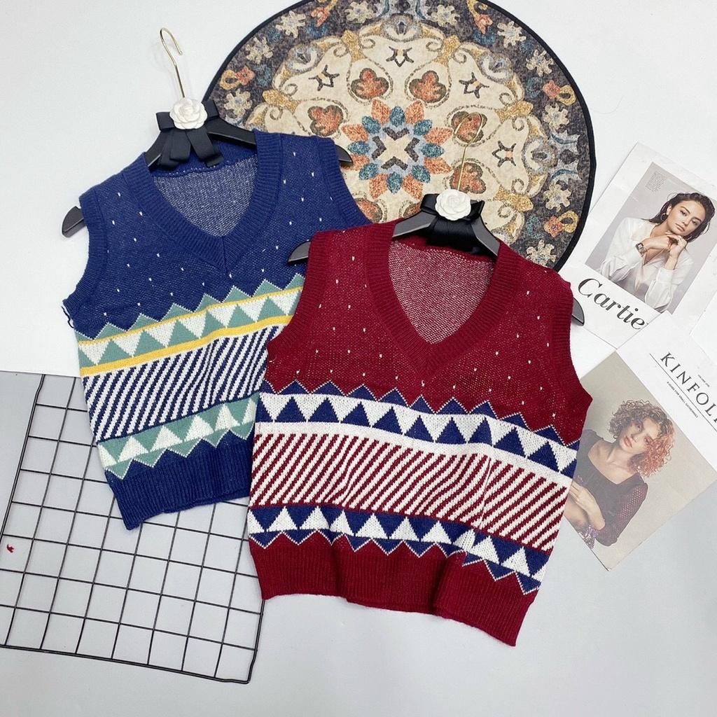 Áo gile len thổ cẩm cổ tim vintage