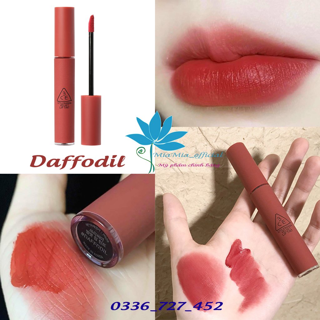 Son 3CE Velvet Lip Tint Daffodil Son Kem Tint Màu Đỏ Đất Lì Bền Màu Lâu Trôi [CAM KẾT NHẬP KHẨU CHÍNH HÃNG 100%]