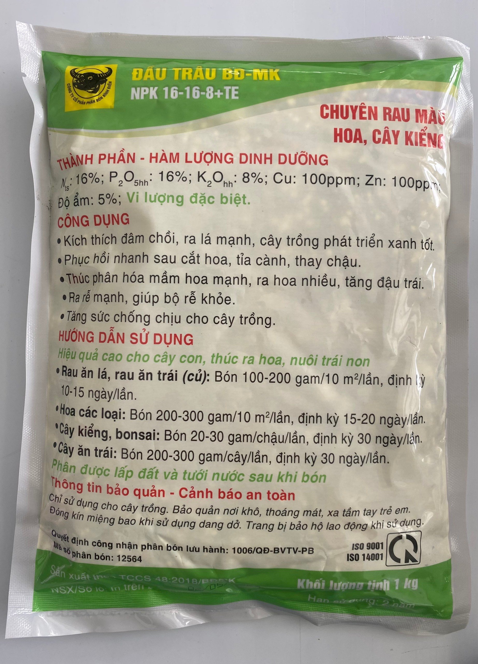 Phân Bón Đầu trâu BĐ-MK Bổ Sung Vi Lượng NPK 16-16-8+TE | PHÂN BÓN CHUYÊN RAU MÀU, HOA - CÂY KIỂNG