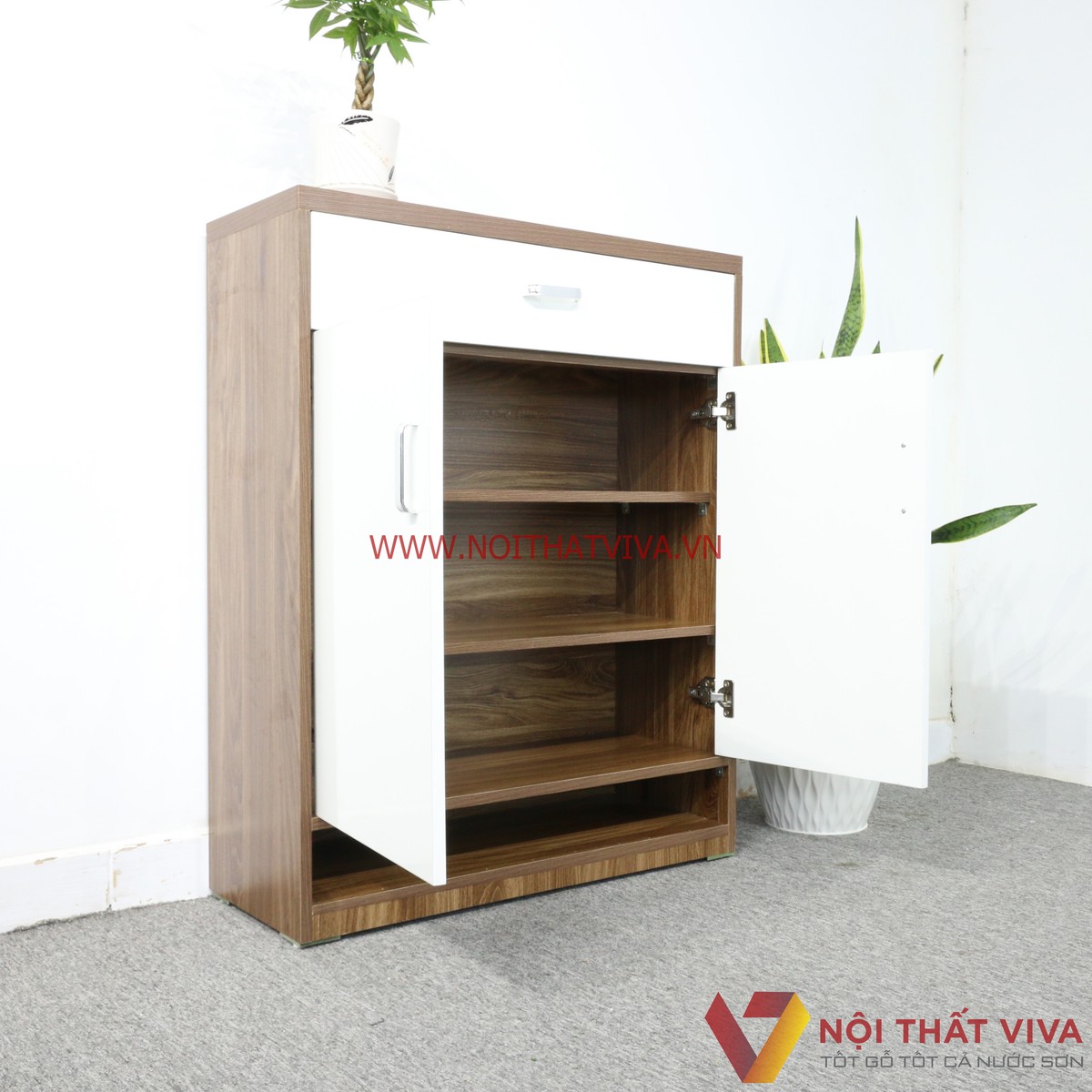 Tủ Giày Dép Gỗ MDF Melamine Màu Óc Chó Phối Trắng Đẹp Hiện Đại