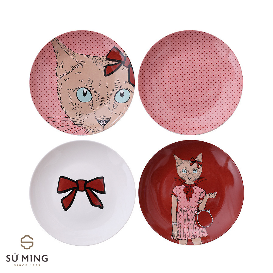 Bộ 4 Đĩa Sứ Decor Treo Tường Mèo Hồng, Trang Trí Nhà Cửa, Bàn Ăn