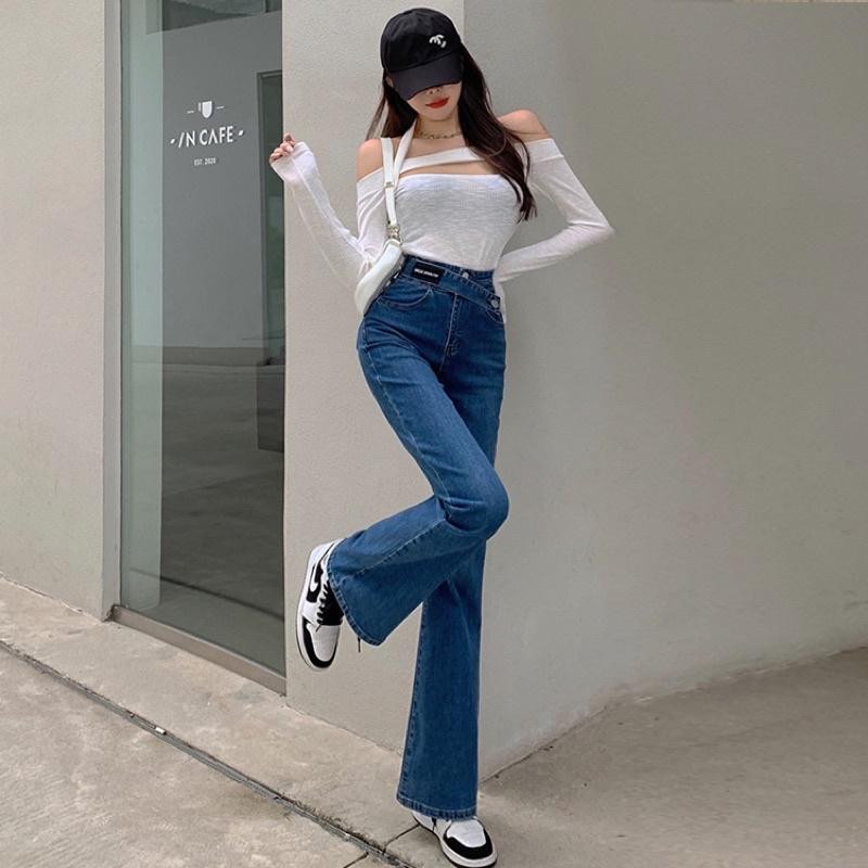 Quần Jean dài Ống Loe Lưng Cao Phong cách Retro Thời Trang Cho Nữ