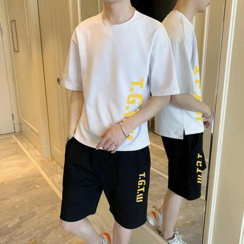 Set Đồ Bộ Mặc Nhà Nam Clothing MèoHOT RẺ ĐẸPĐồ Thể Thao Đá Bóng Áo thun Unisex Rộng Phối Quần Short Đùi In Chữ -Suit