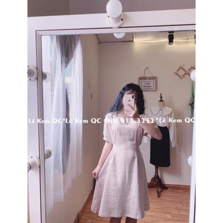 Váy Kẻ Caro Váy Cổ Vuông Tay Bồng Vintage Có Thắt Eo ! *