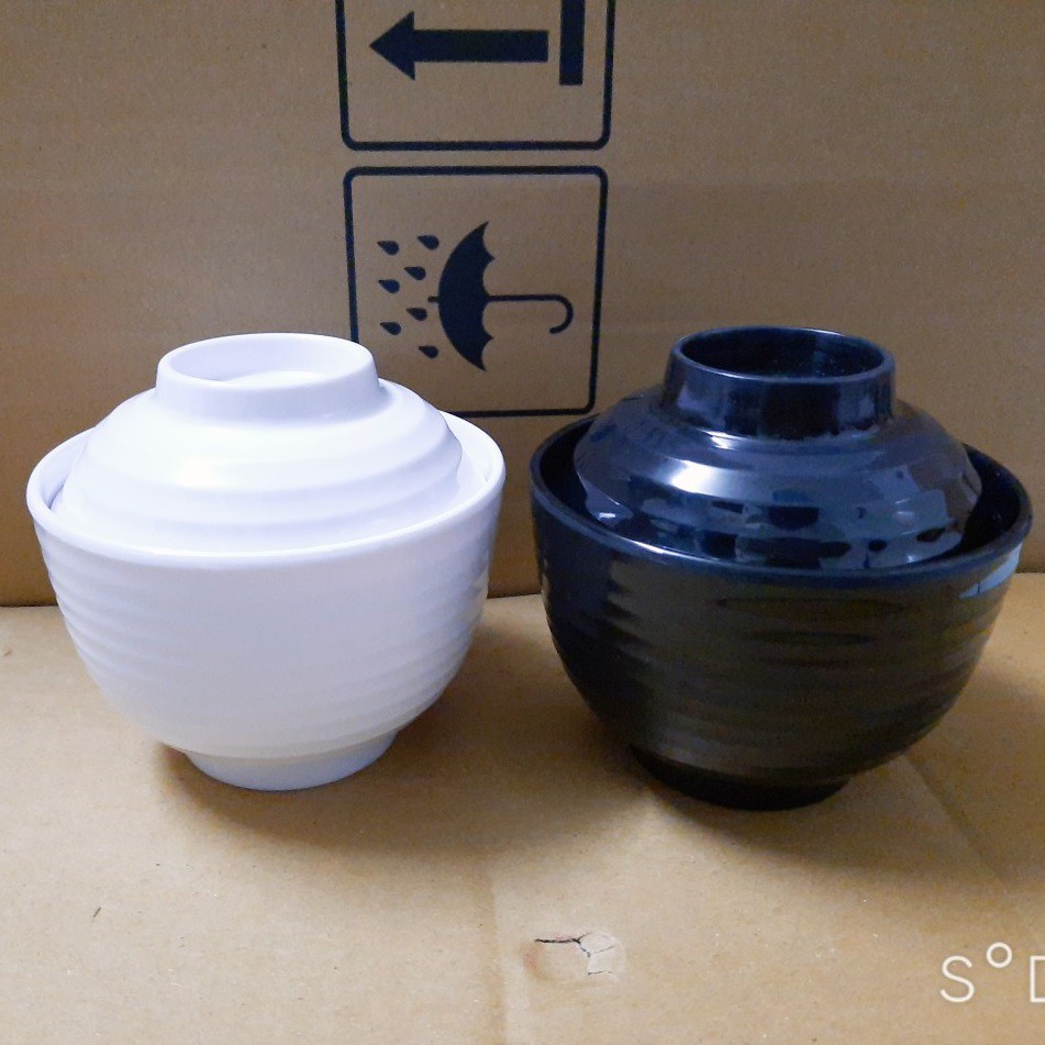 Chén đựng cơm,súp miso nhựa Melamine kiểu Hàn Quốc,Nhật Bản có nắp đậy Size 9.9 x 8.9 cm màu Đen/Trắng/Nâu