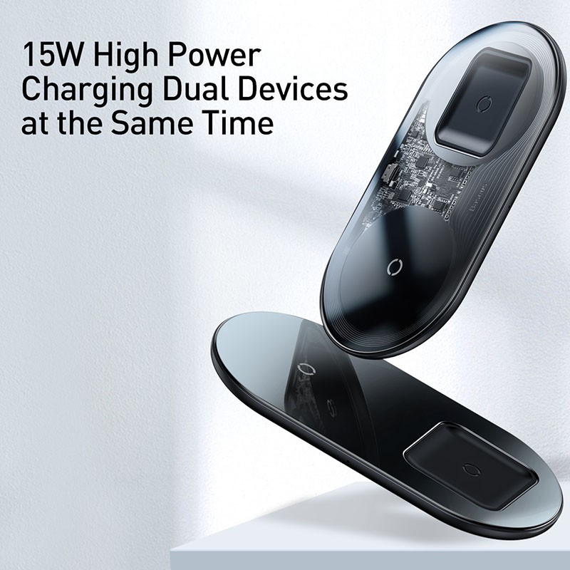Đế sạc nhanh không dây Baseus Simple 2 in 1 Wireless Charger Pro Edition 15W cho Airpods Pro - Hàng chính hãng