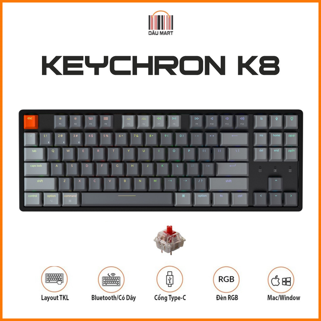 Bàn phím cơ Keychron K8 không dây Bluetooth 5.1 - Nhôm Led RGB - Hot Swap - Hỗ trợ MacOS, Window, iOS, Andriod - Hàng Chính Hãng