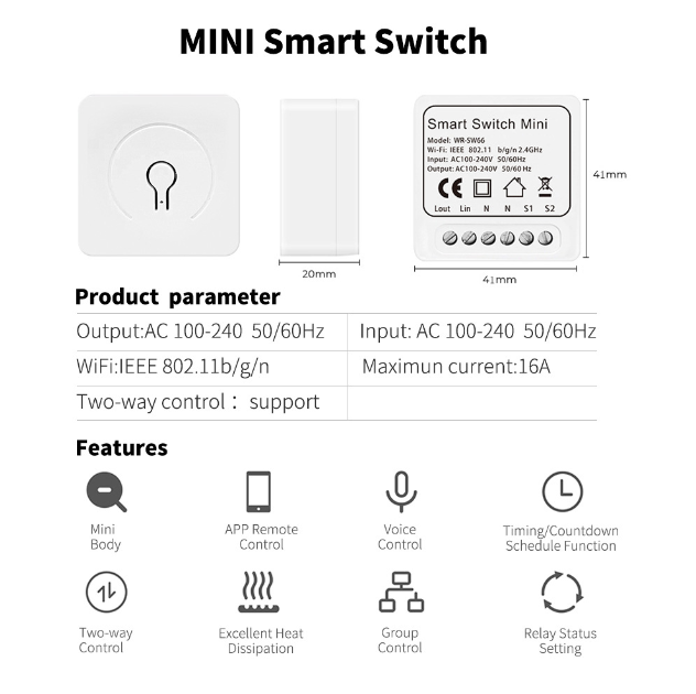 Công tắc thông minh tuya 16A Mini DIY điều khiển từ xa qua điện thoại app