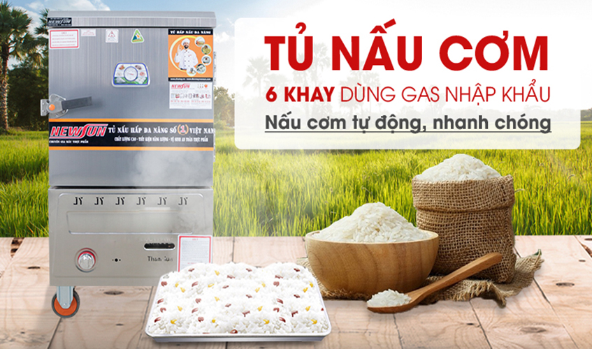 Tủ Nấu Cơm 18 Kg Gạo/ Mẻ Bằng Gas 6 Khay Nhập Khẩu NEWSUN - Hàng Nhập Khẩu