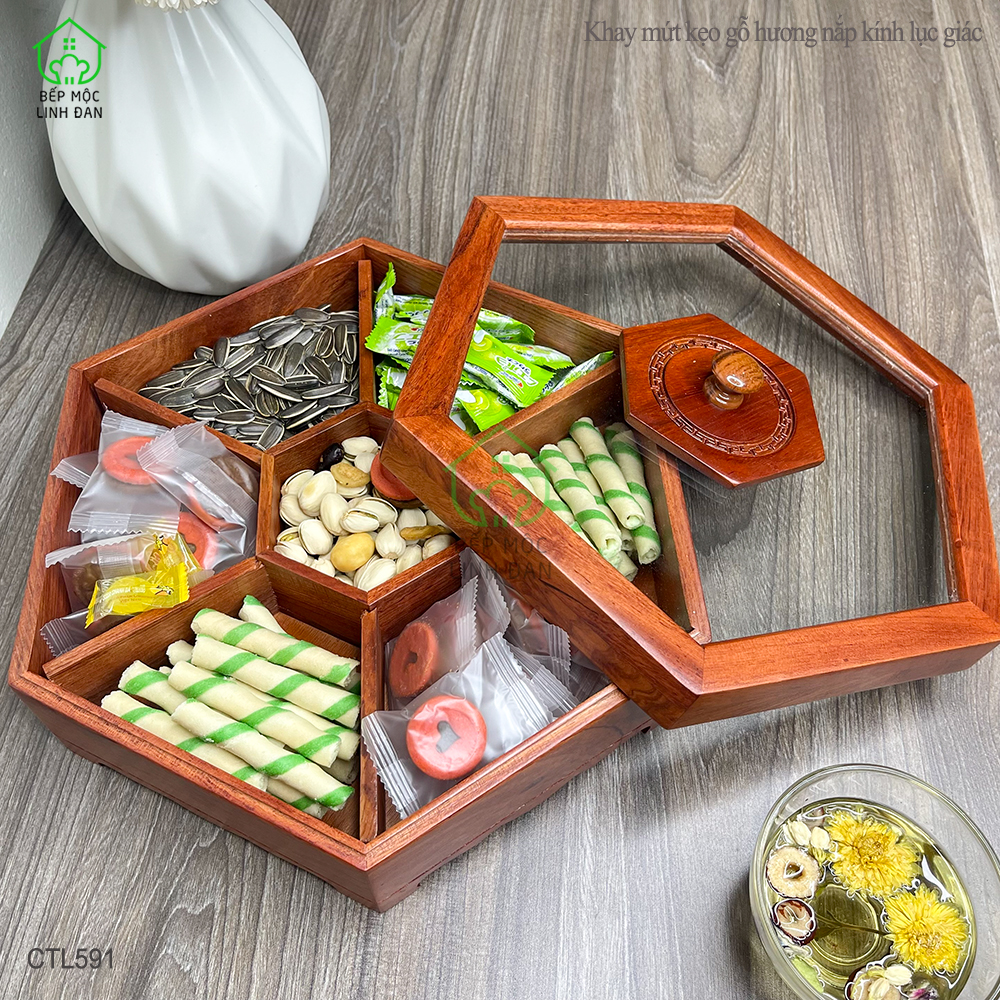 Khay gỗ Hương đựng bánh kẹo, mứt tết - Nắp kính hình lục giác, mẫu mới nhất - CTL591