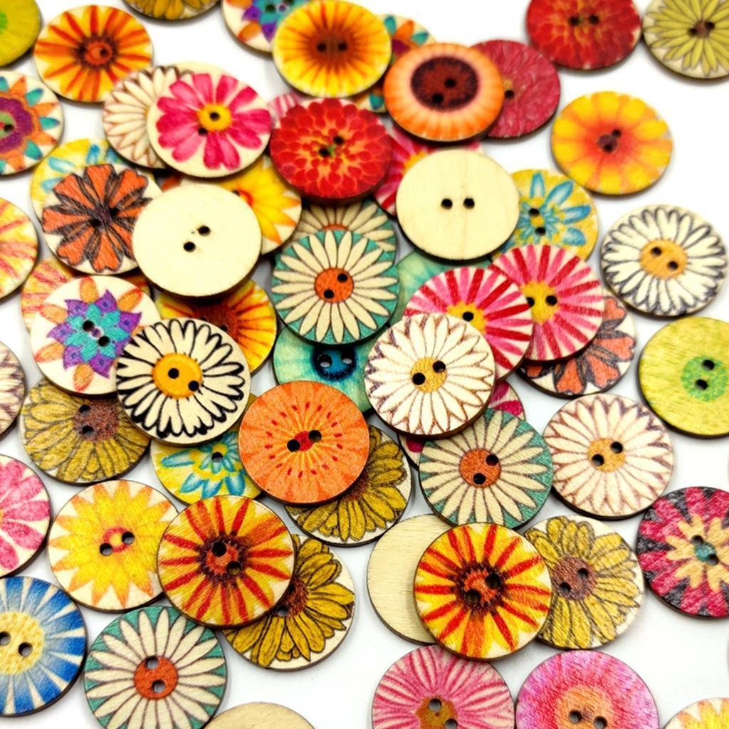 Pack of 100 Mixed Random Flower Patterns Round Wooden Buttons Assorted Colors for DIY Sewing Crafting DIY, 15mm 20mm