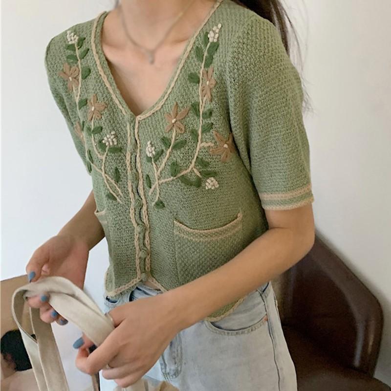 Áo cardigan dệt kim tay ngắn cổ chữ V hoạ tiết hoa thêu phong cách retro dành cho nữ