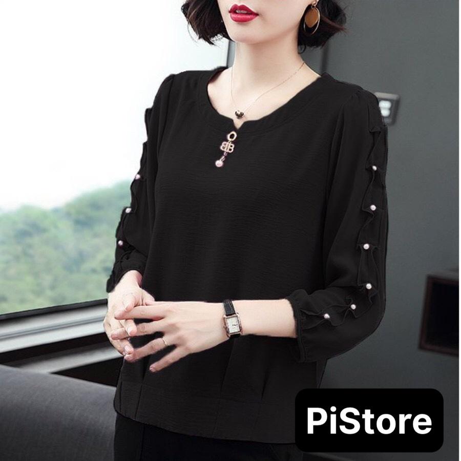 ️Có Big Size️ Áo Trung Niên Nữ Đính Cườm Trẻ Trung , Mẫu Áo Kiểu Trung Niên Cổ Tròn Tay Dài Đính Nút Sang Trọng