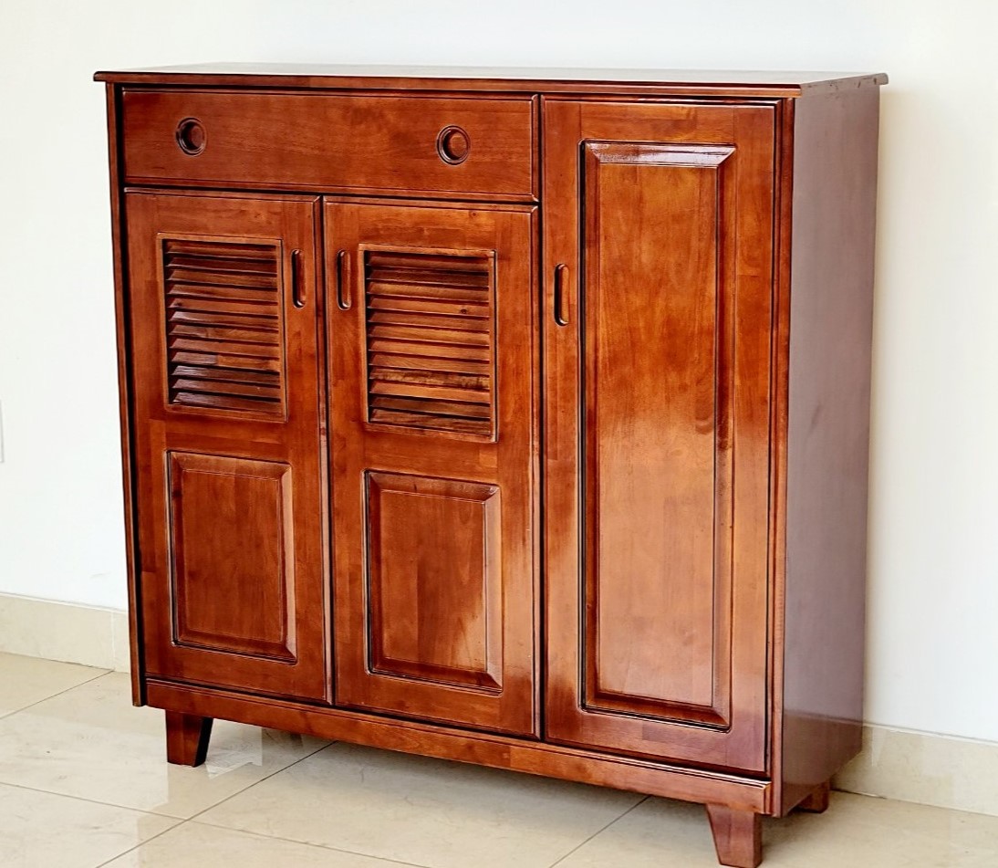 Tủ Giày Gỗ Ngang 120cm 3 Cánh Có Hộc, Tủ Trang Trí Gỗ Cao Su - Hàng VN Xuất Khẩu