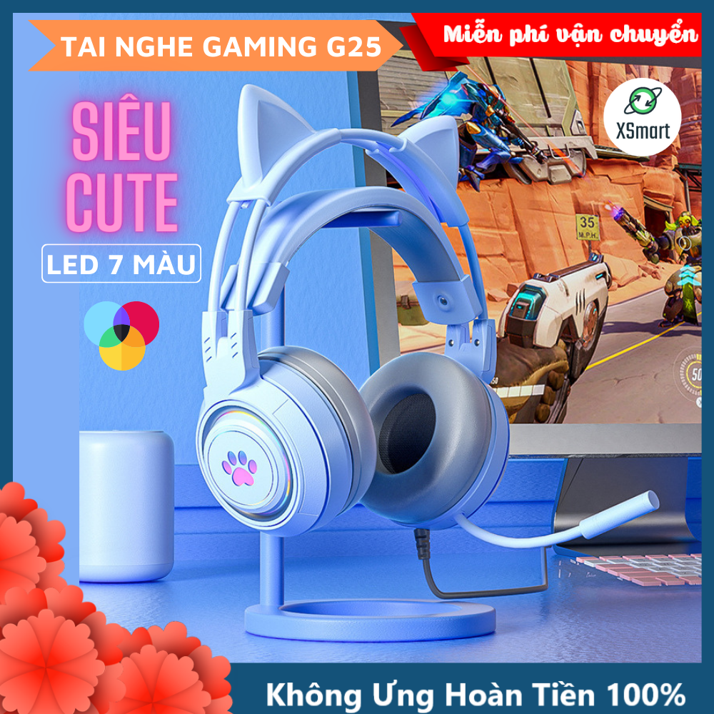 Tai Nghe Mèo Chụp Tai Chơi Game G25 Led RGB 2 Màu Tím, Hồng Siêu Cute Micro 360 Độ Âm Thanh Cực Hay Cho Máy tính laptop, Phù Hợp Với Các Game Thủ Nữ, Streamer-Hàng Chính Hãng