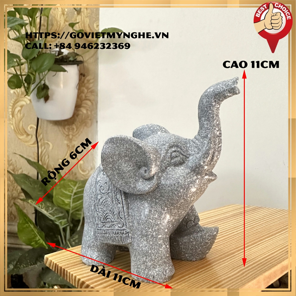 Tượng voi đá trang trí phong thủy dáng voi đạp thỏi vàng chiêu giữ tài lộc - Cao 11cm - Màu đá xám