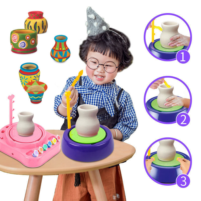 Đồ chơi máy làm gốm sứ handmade bằng đất sét cao cấp kèm tạp dề và 12 màu tô dễ thương cho bé, quà tặng sinh nhật