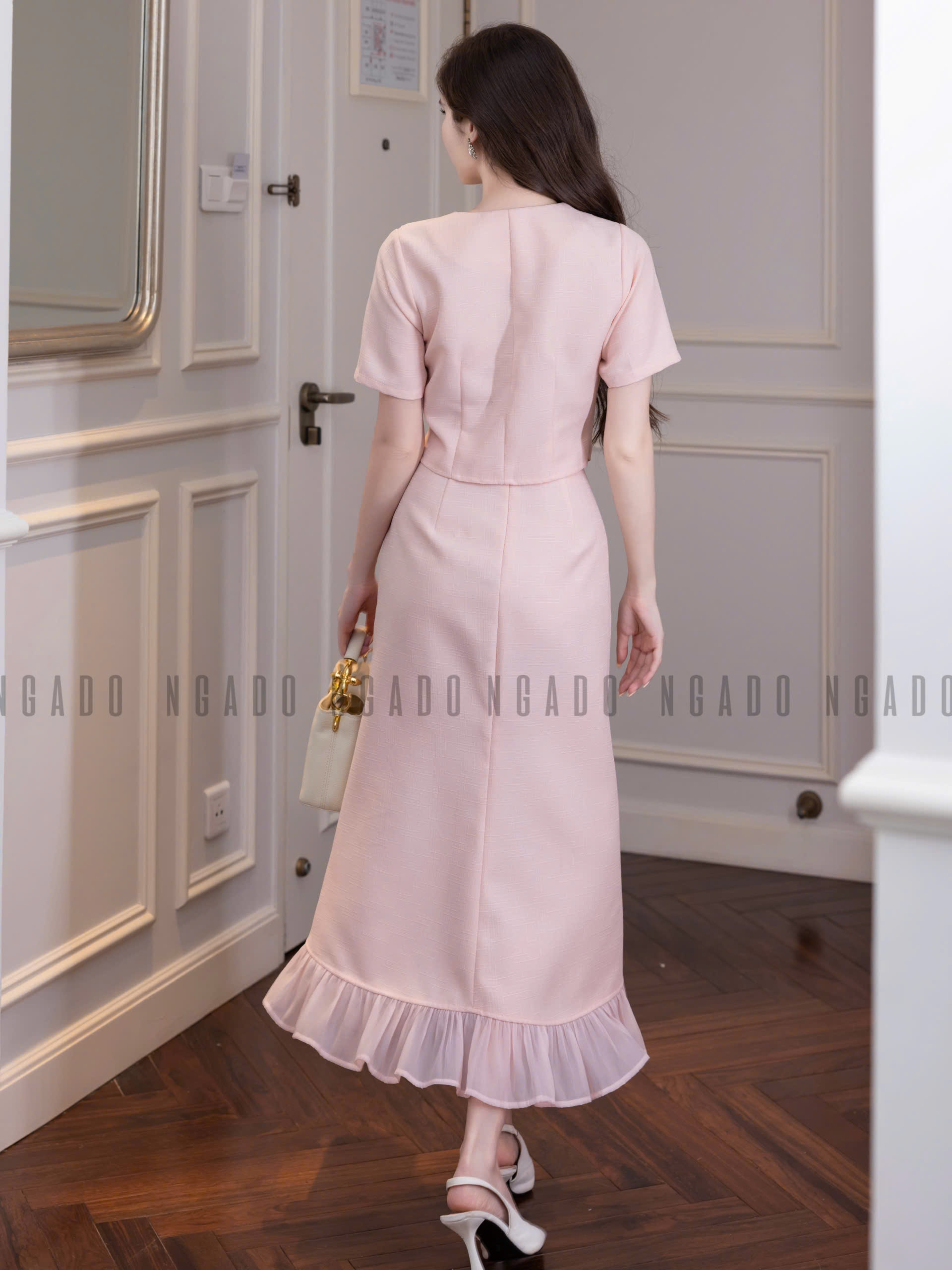 Set áo váy hồng cổ nơ trắng NGADO , set áo váy Nữ , set dự tiệc , công sở