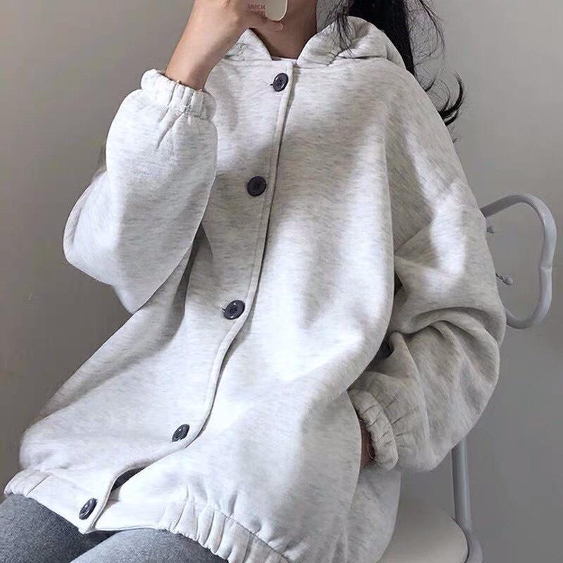 Áo khoác hoodie nam nữ nút to ulzang nỉ bông mũ điệu 2 màu dày dặn