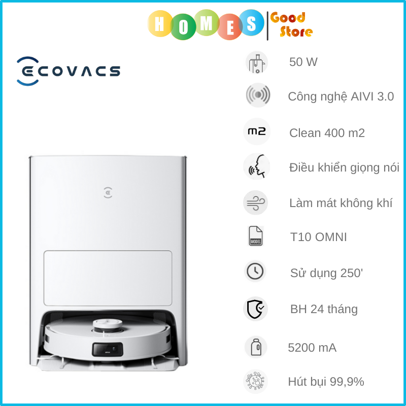 Robot Hút Bụi Lau Nhà ECOVACS Deebot T10 OMNI Tự Động Giặt Giẻ Và Hút Rác, Tự Động Sấy Khô, Kết Nối App, Làm Mát Không Khí Khử Mùi, Trợ Lý Ảo YIKO, Công nghệ OMO 3.0, Lực Hút 5000 Pa, Phù Hợp Diện Tích 200m2, Công Suất 50W - Hàng Chính Hãng