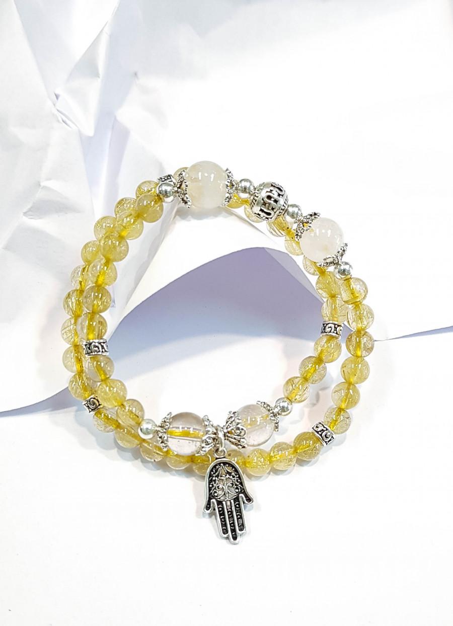 Vòng tay mệnh Kim, thủy đá thạch anh tóc vàng, Thạch anh trắng và charm Hamsa